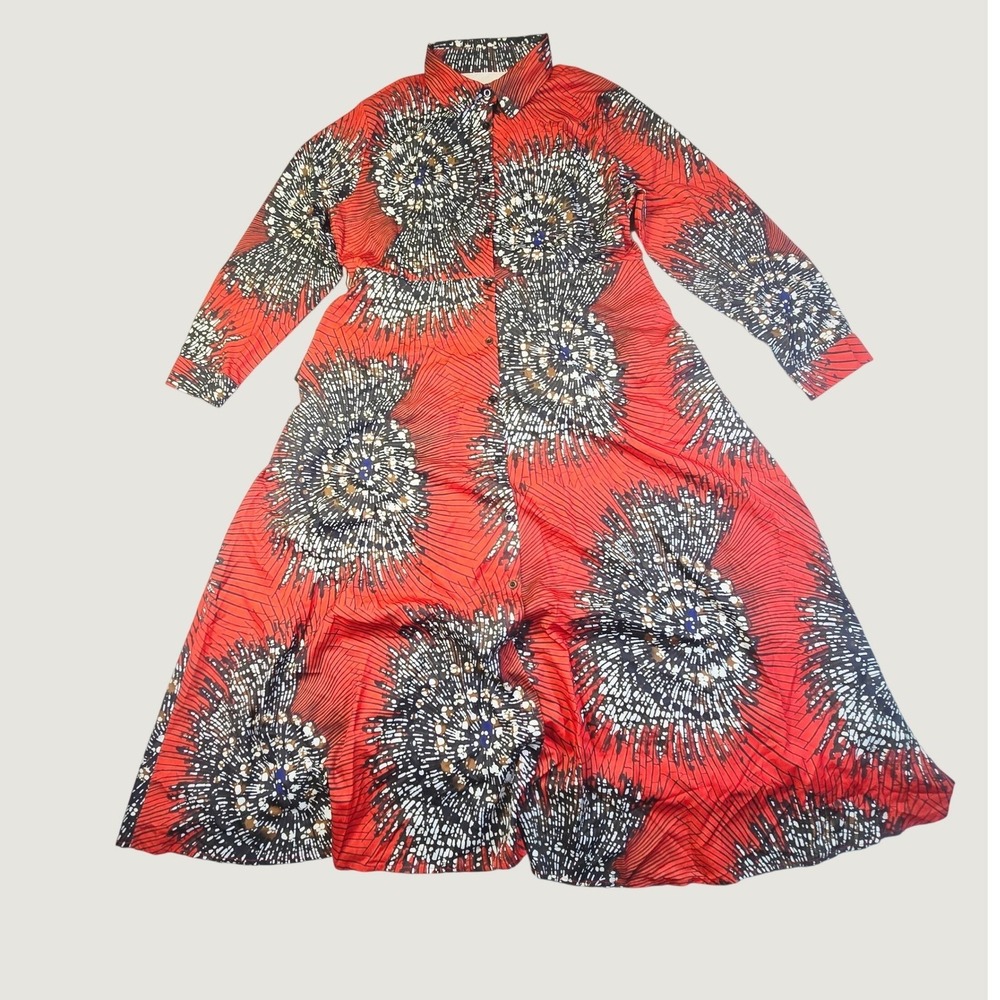 Women's Abstract Print Maxi Shirt Dress XL Red Long Sleeve Button Front